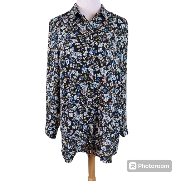 J.Jill Long Sleeve Longlined Floral Button Down Tiered Layer Hem shirt, sz M - Picture 1 of 8